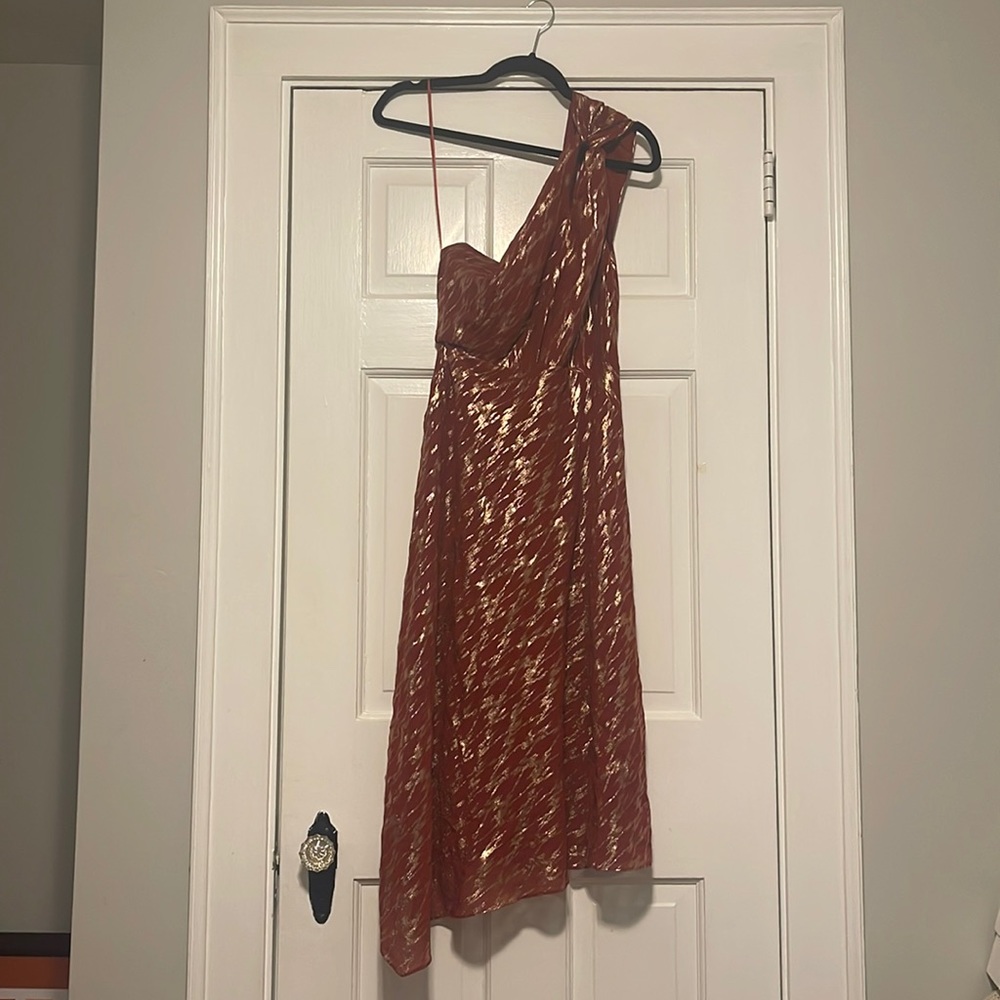 Reiss Delilah One Shoulder Metallic Midi Dress red and gold